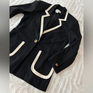 Vintage Black Blazer Cream Contrast Trim Gold Button Preppy Classic Jacket